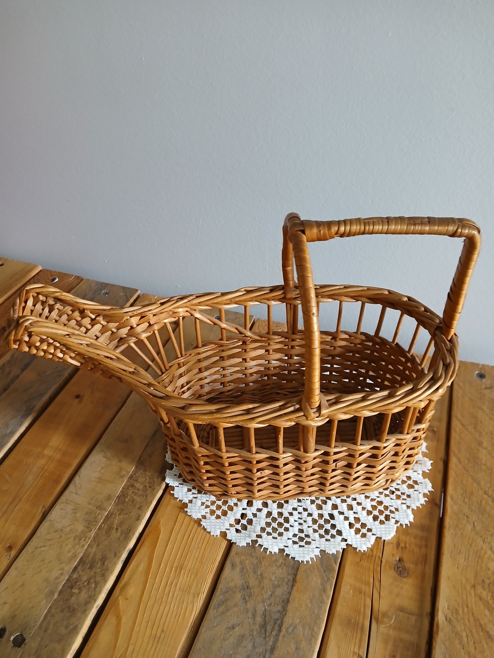 Vintage Madeira Woven Rattan Handle Basket Made In Portugal